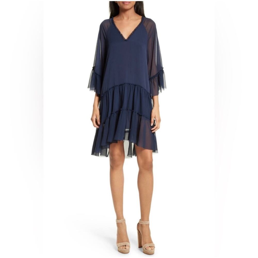 Alice + Olivia Zoey Tiered V-neck Tunic Blue Dress ‎ ( L )